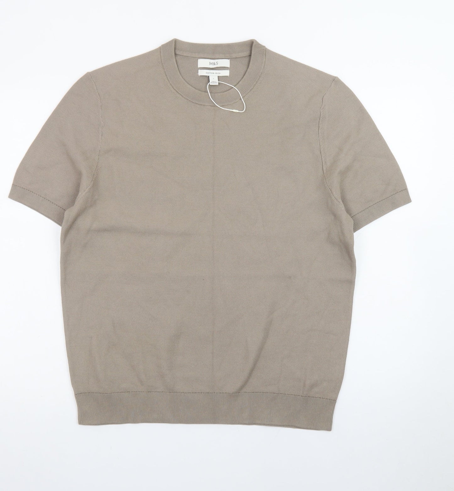 Marks and Spencer Men's Beige Cotton Rich Crew Neck Short Sleeve T-Shirt Size L