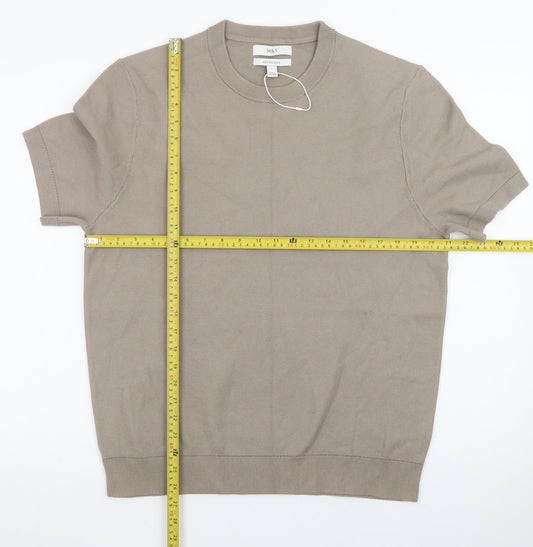 Marks and Spencer Men's Beige Cotton Rich Crew Neck Short Sleeve T-Shirt Size L