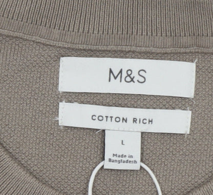 Marks and Spencer Men's Beige Cotton Rich Crew Neck Short Sleeve T-Shirt Size L
