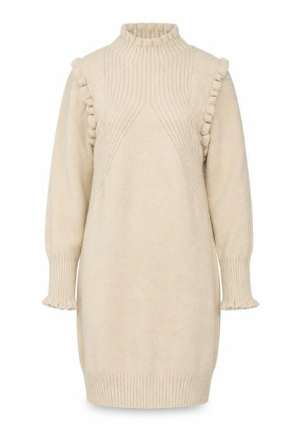 Cashel Women Beige Knit High Neck Ruffle Long Sleeve Sweater Dress L