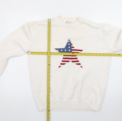 Subdued Women White Crew Neck Star Patriotic Cotton Blend Jumper M