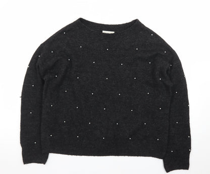 H&M Women's Black Beaded Crew Neck Knit Jumper Size S
