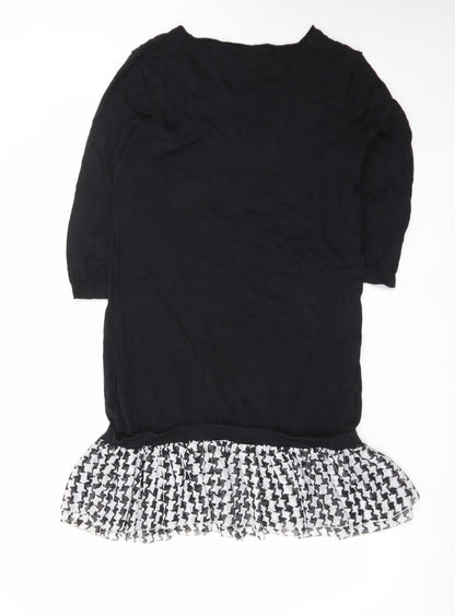 Next Women Black Houndstooth Ruffle Hem Jumper Dress Size 16