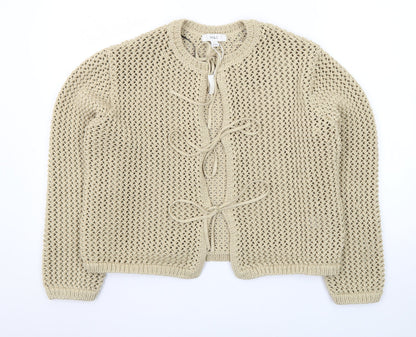 Marks and Spencer Women Beige Open-Knit Cotton Tie Cardigan L