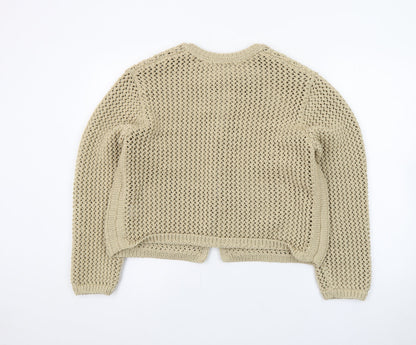 Marks and Spencer Women Beige Open-Knit Cotton Tie Cardigan L