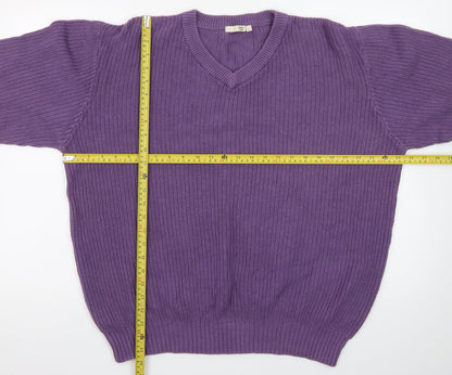 Cotton Traders Men's Purple V-Neck Cotton Knit Jumper Size L