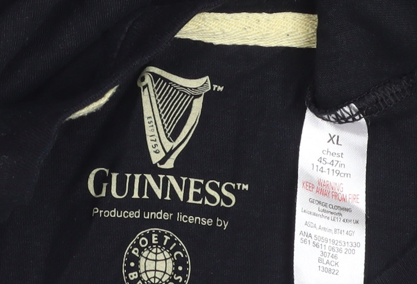 Guinness Men Black XL Short Sleeve Beer Graphic Cotton T-Shirt