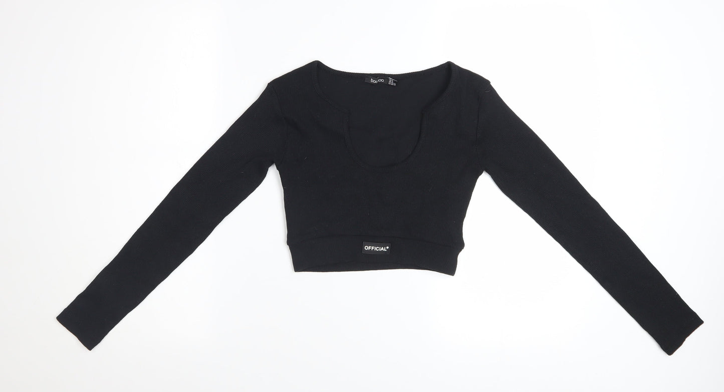 Boohoo Women's Black Cropped Long Sleeve Scoop Neck Top Size 6