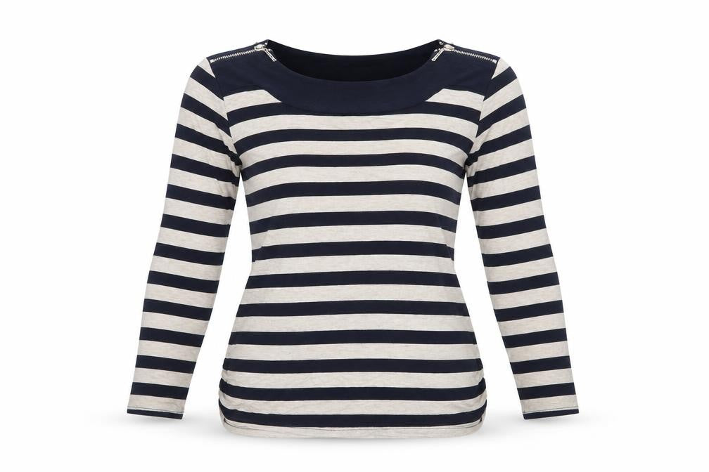 Principles by Ben de Lisi Women's Blue Beige Striped 3/4 Sleeve Boat Neck Top Size 10