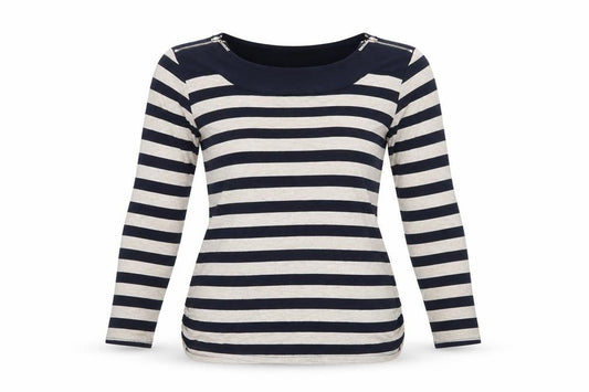 Front view of Principles by Ben de Lisi Women's Blue Beige Striped 3/4 Sleeve Boat Neck Top, size 10