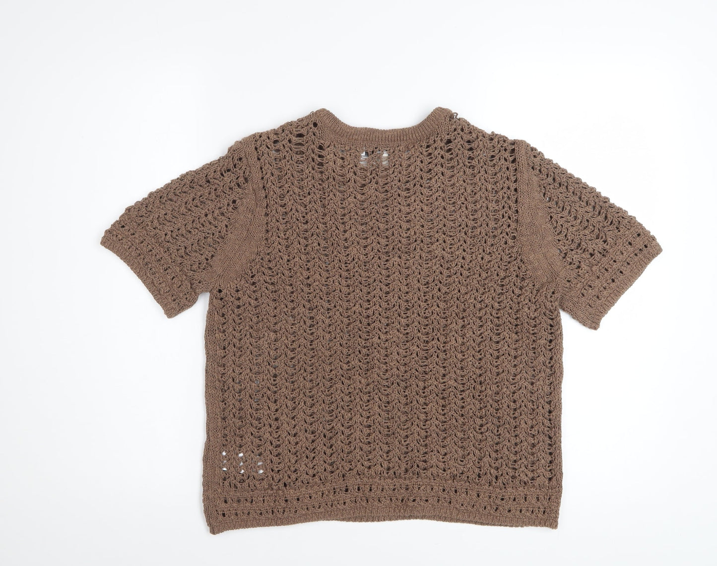 Marks and Spencer Women Brown Open-Knit Short Sleeve Cotton Jumper M