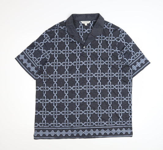 Marks and Spencer Autograph Men's Blue Geometric Cotton Polo Shirt Size L