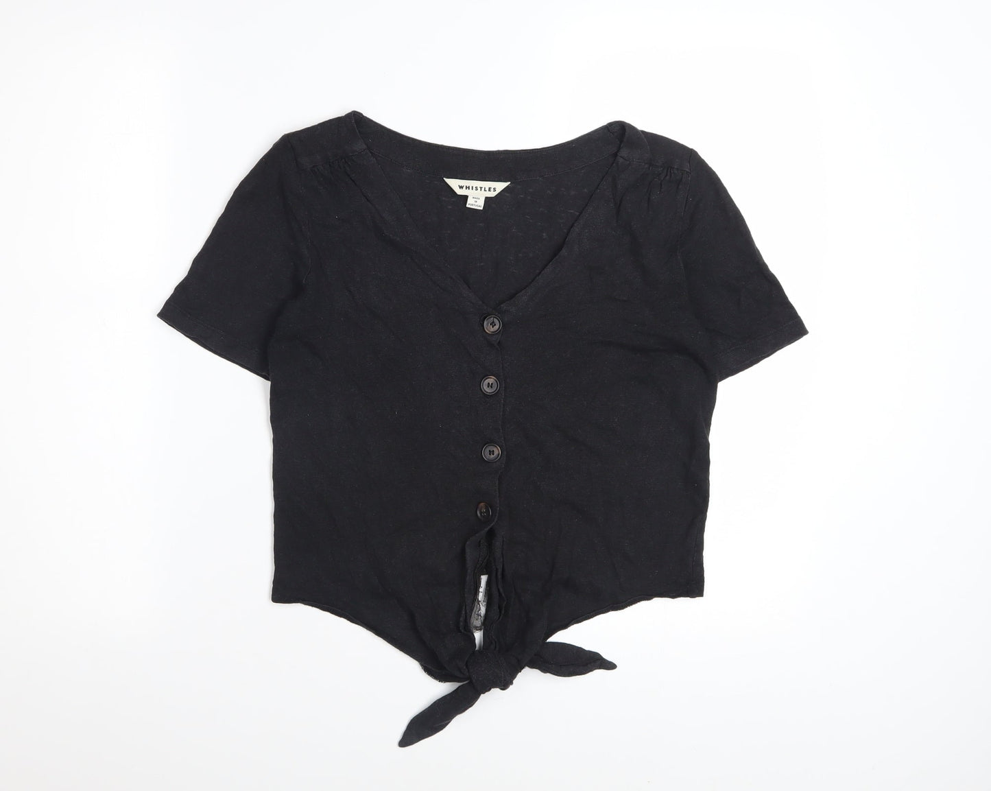 Whistles Women Black Linen Cropped Blouse S V-Neck Button Front