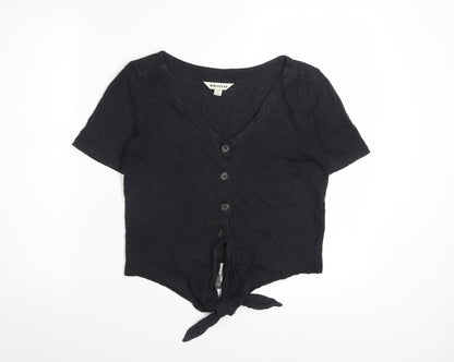 Whistles Women Black Linen Cropped Blouse S V-Neck Button Front
