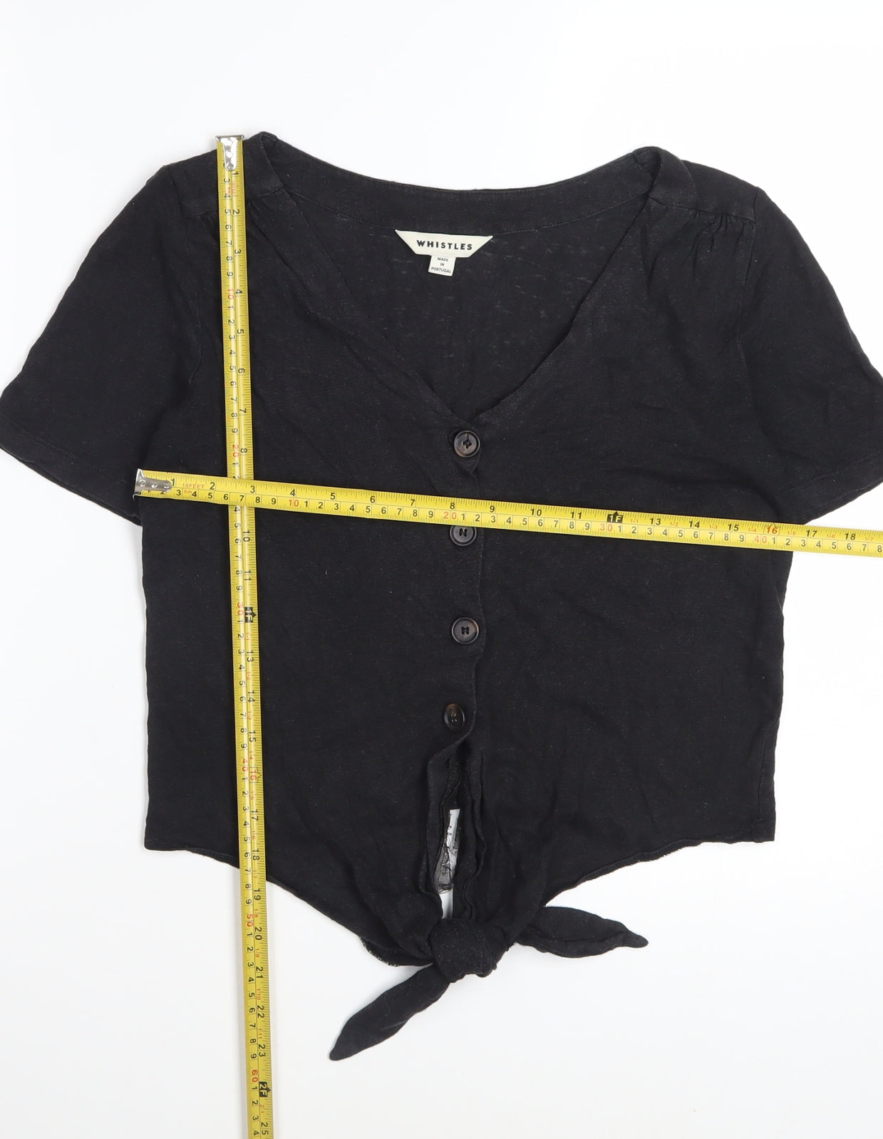 Whistles Women Black Linen Cropped Blouse S V-Neck Button Front