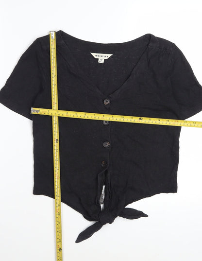 Whistles Women Black Linen Cropped Blouse S V-Neck Button Front
