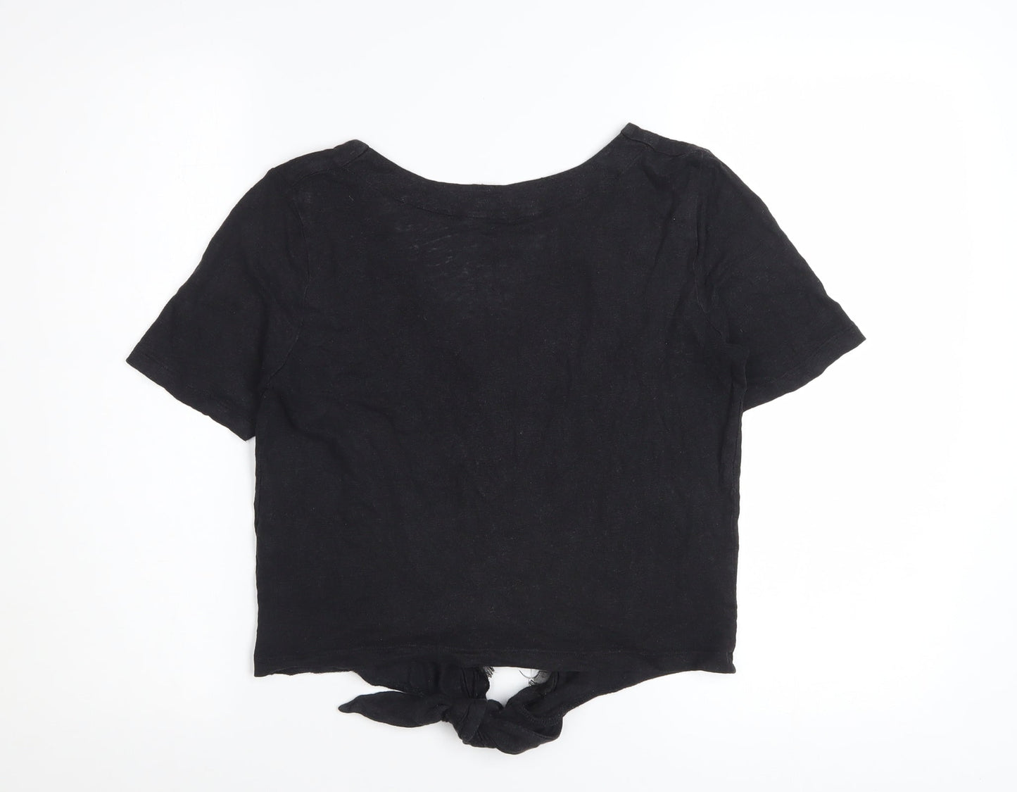 Whistles Women Black Linen Cropped Blouse S V-Neck Button Front