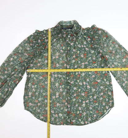 French Connection Women's Green Floral Ruffle Chiffon Blouse Size M