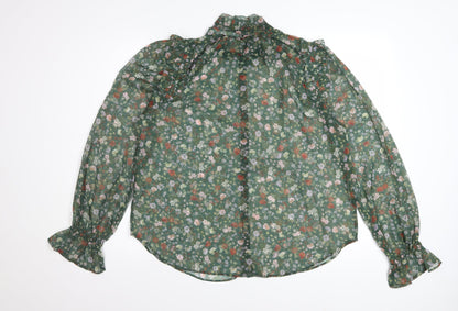 French Connection Women's Green Floral Ruffle Chiffon Blouse Size M