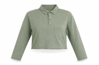 GAP Women Green Cropped Polo Shirt Long Sleeve Cotton M