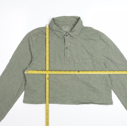 GAP Women Green Cropped Polo Shirt Long Sleeve Cotton M