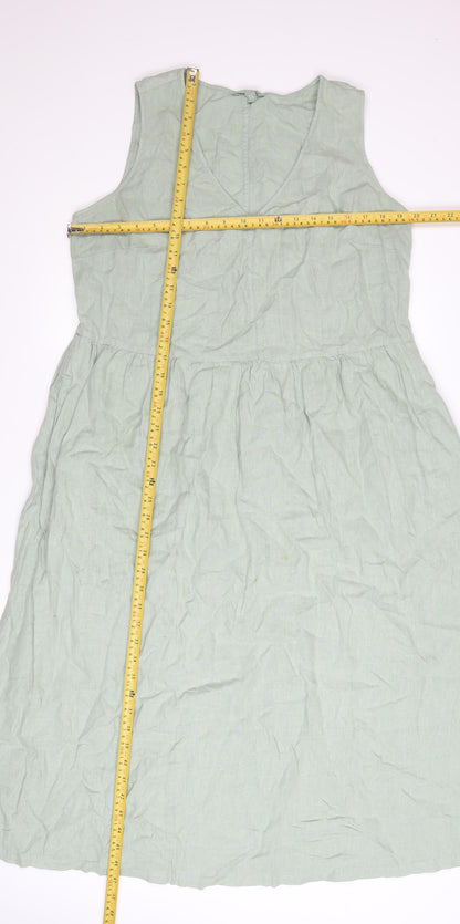 Seasalt Cornwall Womens Green Linen V-Neck A-Line Dress Size 14
