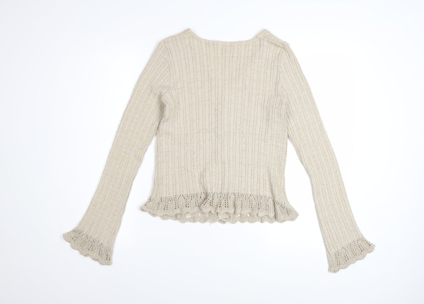 Vila Women Beige Ruffle V-Neck Knit Cardigan Size M