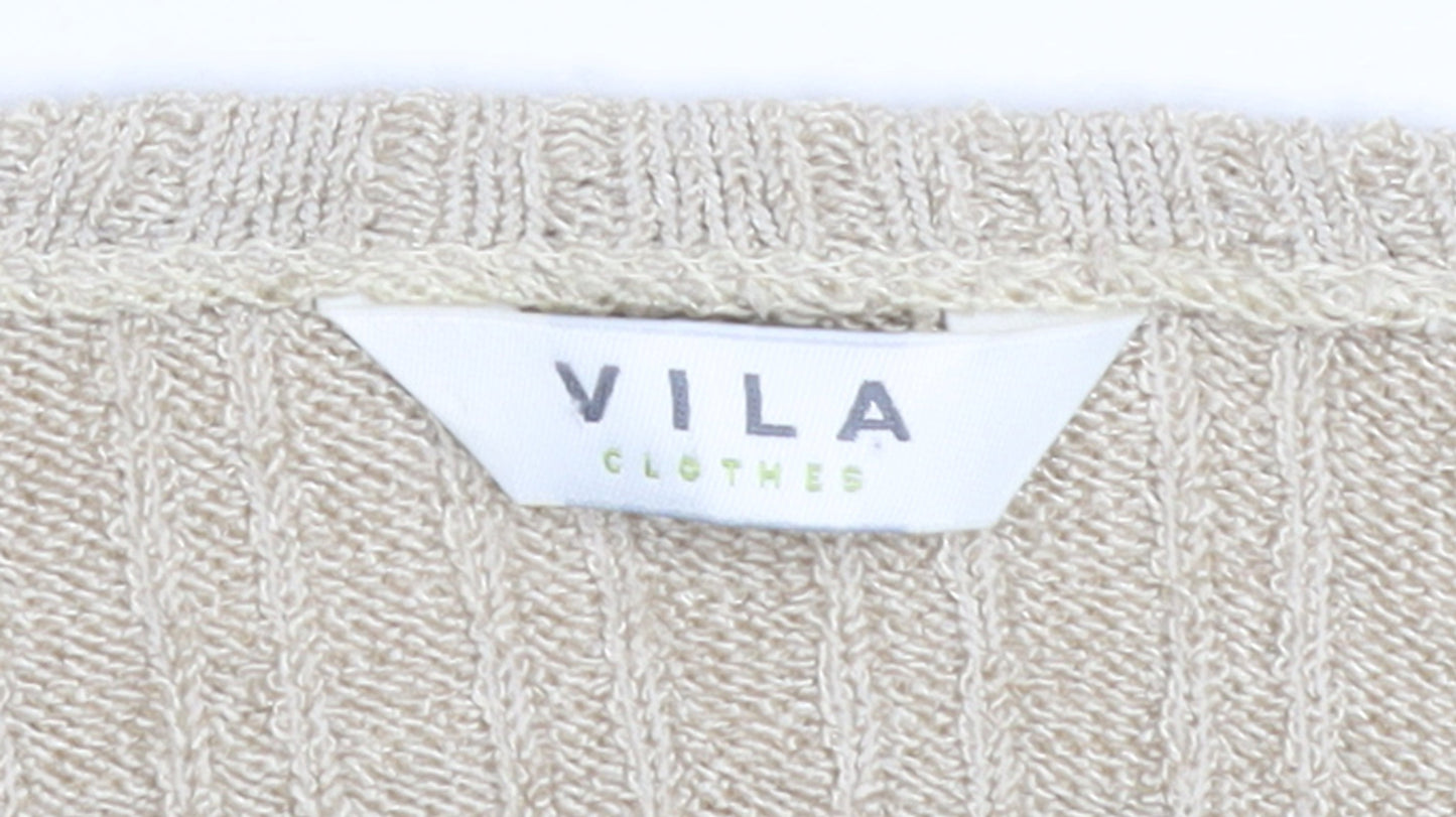 Vila Women Beige Ruffle V-Neck Knit Cardigan Size M