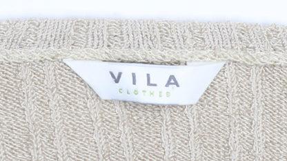 Vila Women Beige Ruffle V-Neck Knit Cardigan Size M