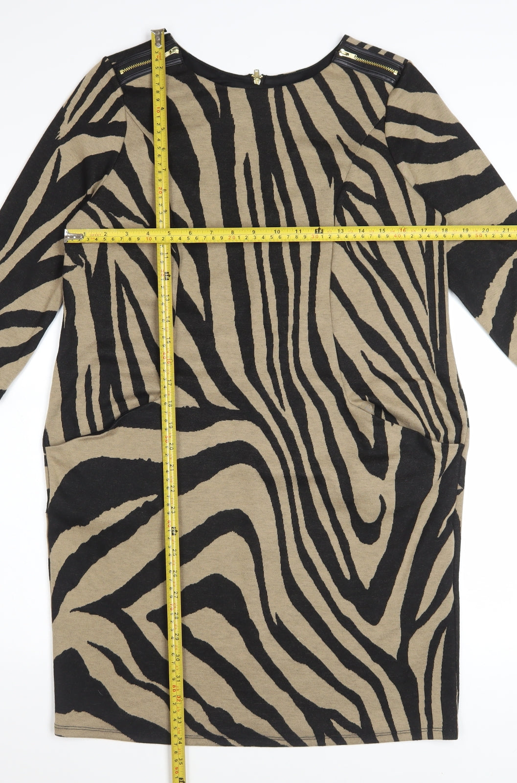 Wallis Women Brown Animal Print Shift Dress UK 12 3/4 Sleeve Zip Detail
