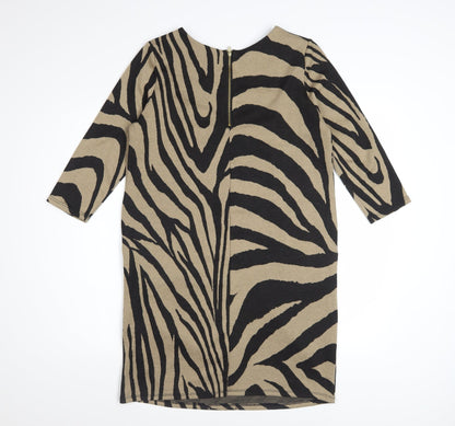 Wallis Women Brown Animal Print Shift Dress UK 12 3/4 Sleeve Zip Detail