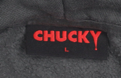 Chucky Men’s Grey Pullover Hoodie L Horror Graphic Print Sweatshirt