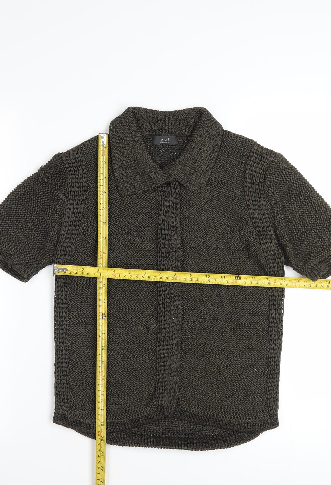 Oui Moments Women's Brown Collared Knit Short Sleeve Cardigan M