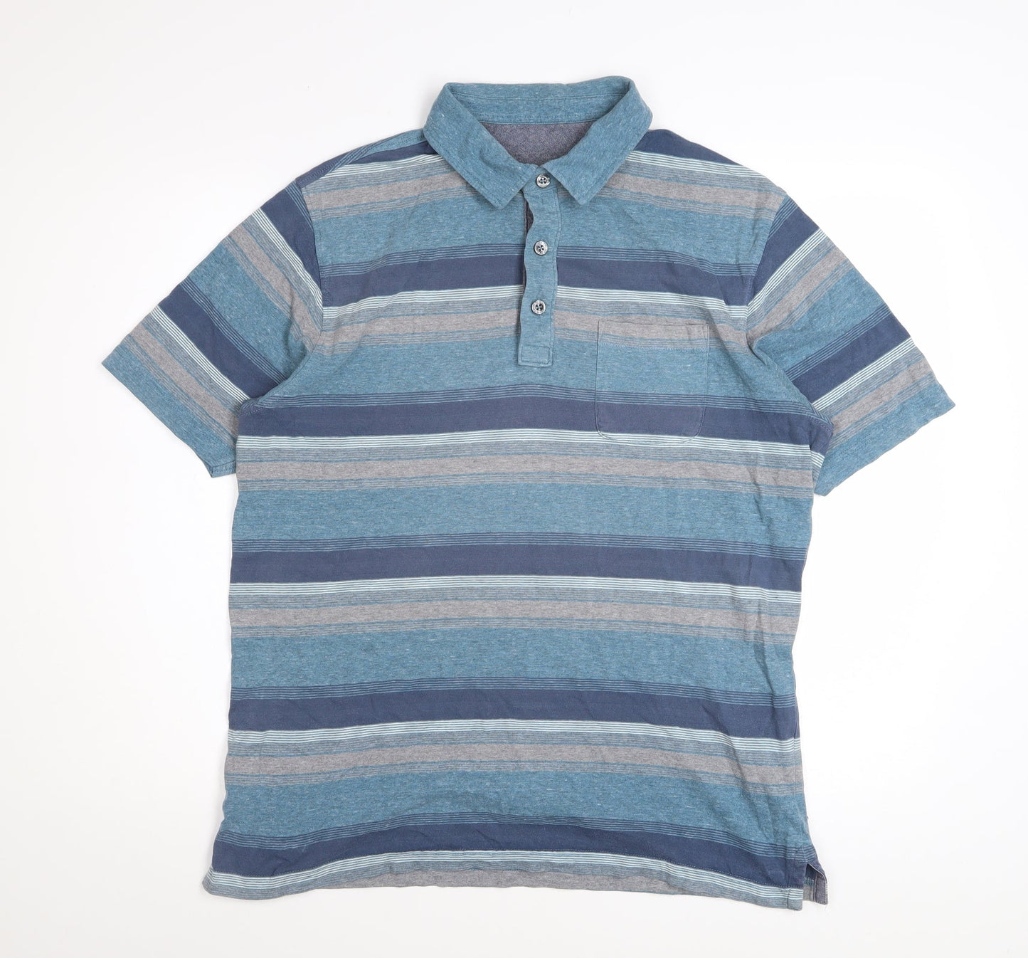 Marks and Spencer Men's Blue Striped Cotton Polo Shirt Medium