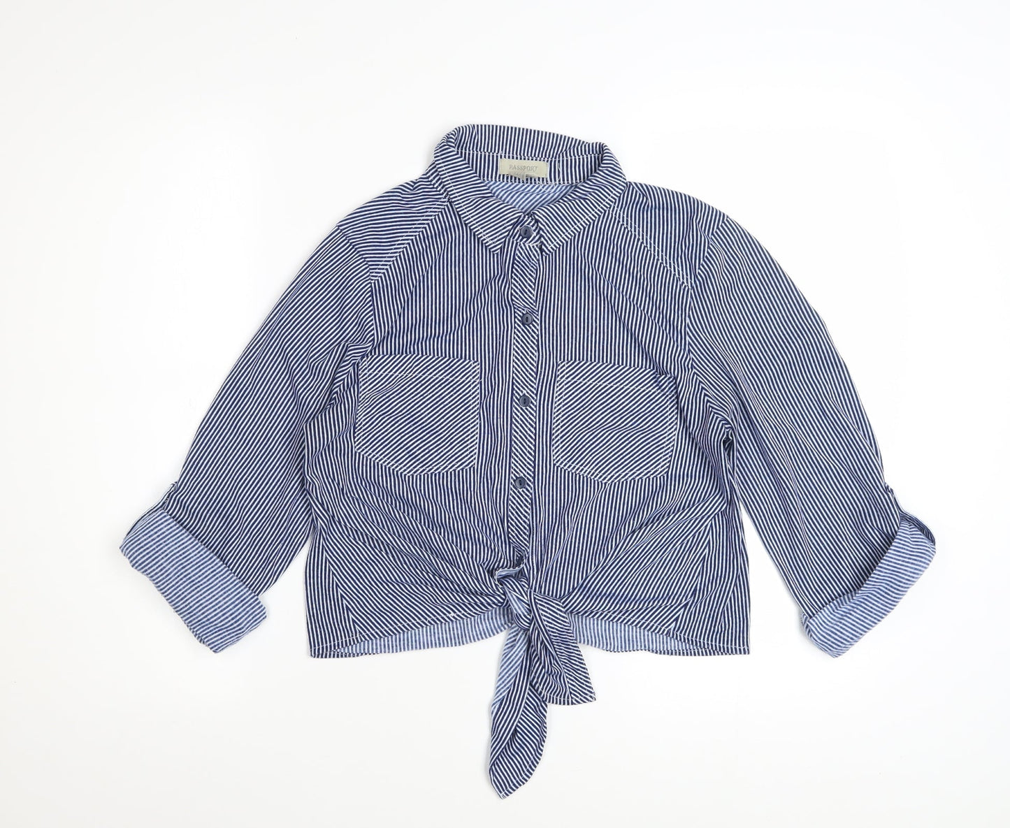 Passport Women Blue Striped Cropped Button-Up Shirt L