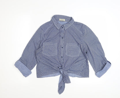 Passport Women Blue Striped Cropped Button-Up Shirt L