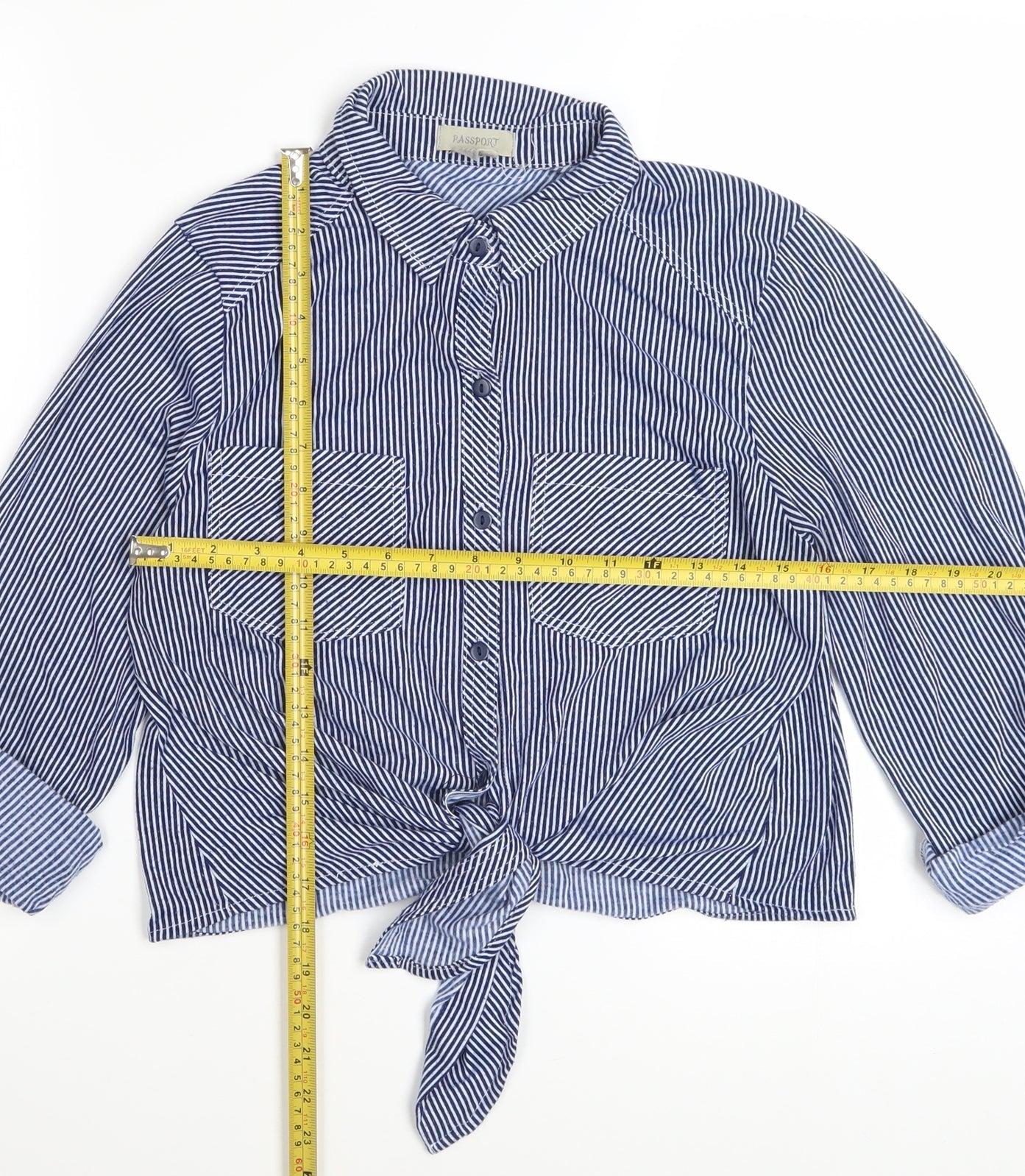 Passport Women Blue Striped Cropped Button-Up Shirt L
