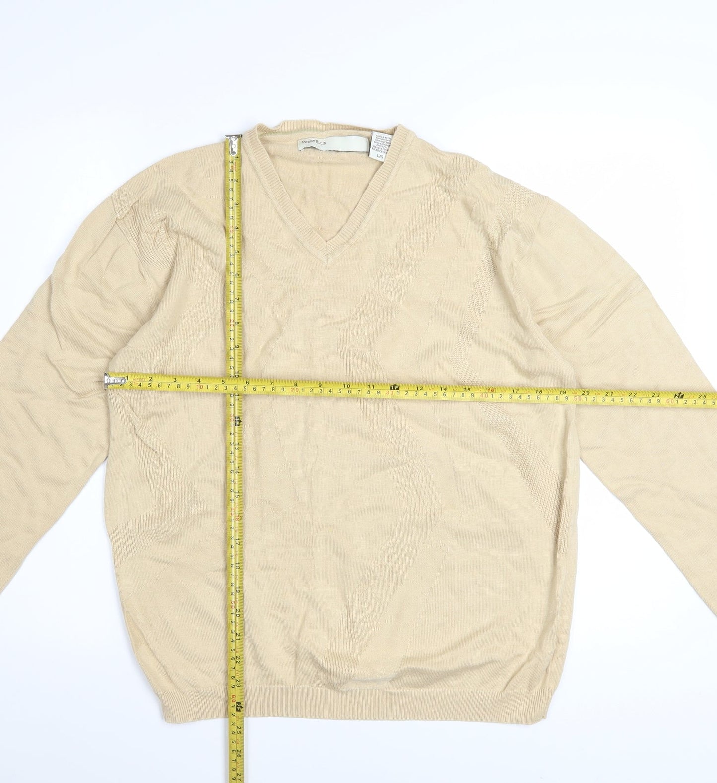 Perry Ellis Men's Beige V-Neck Knit Jumper L Rayon Cotton