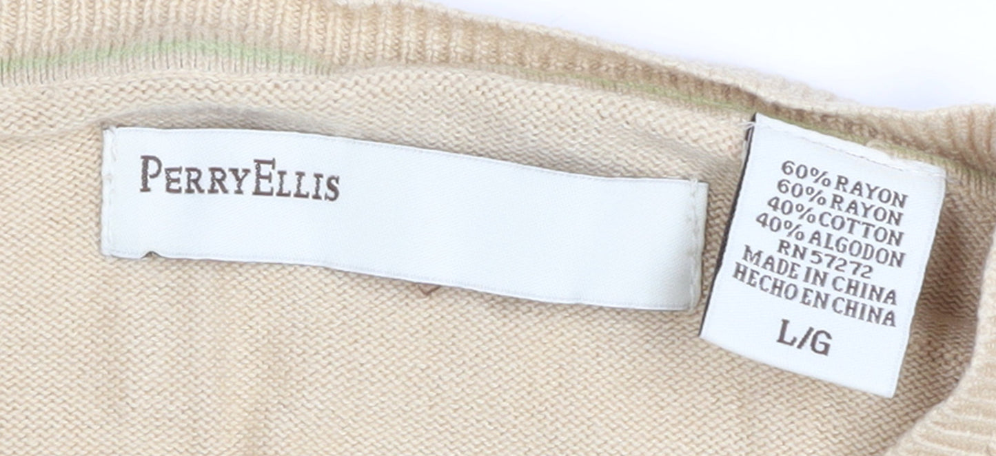 Perry Ellis Men's Beige V-Neck Knit Jumper L Rayon Cotton