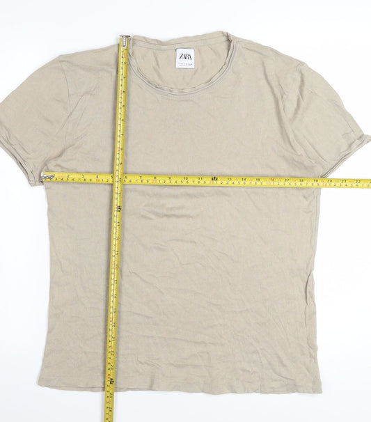 ZARA Women Beige Cotton Basic Crew Neck T-Shirt Size 12