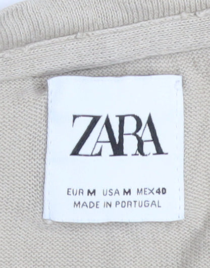 ZARA Women Beige Cotton Basic Crew Neck T-Shirt Size 12