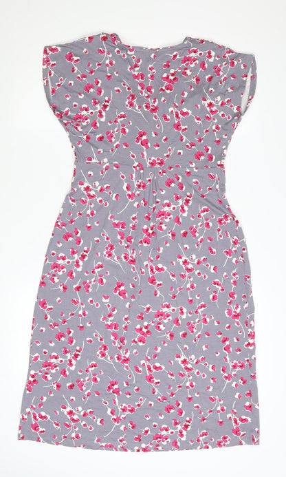 EAST Women Grey Floral Ruched V-Neck Knee Length Wrap Dress Size 10