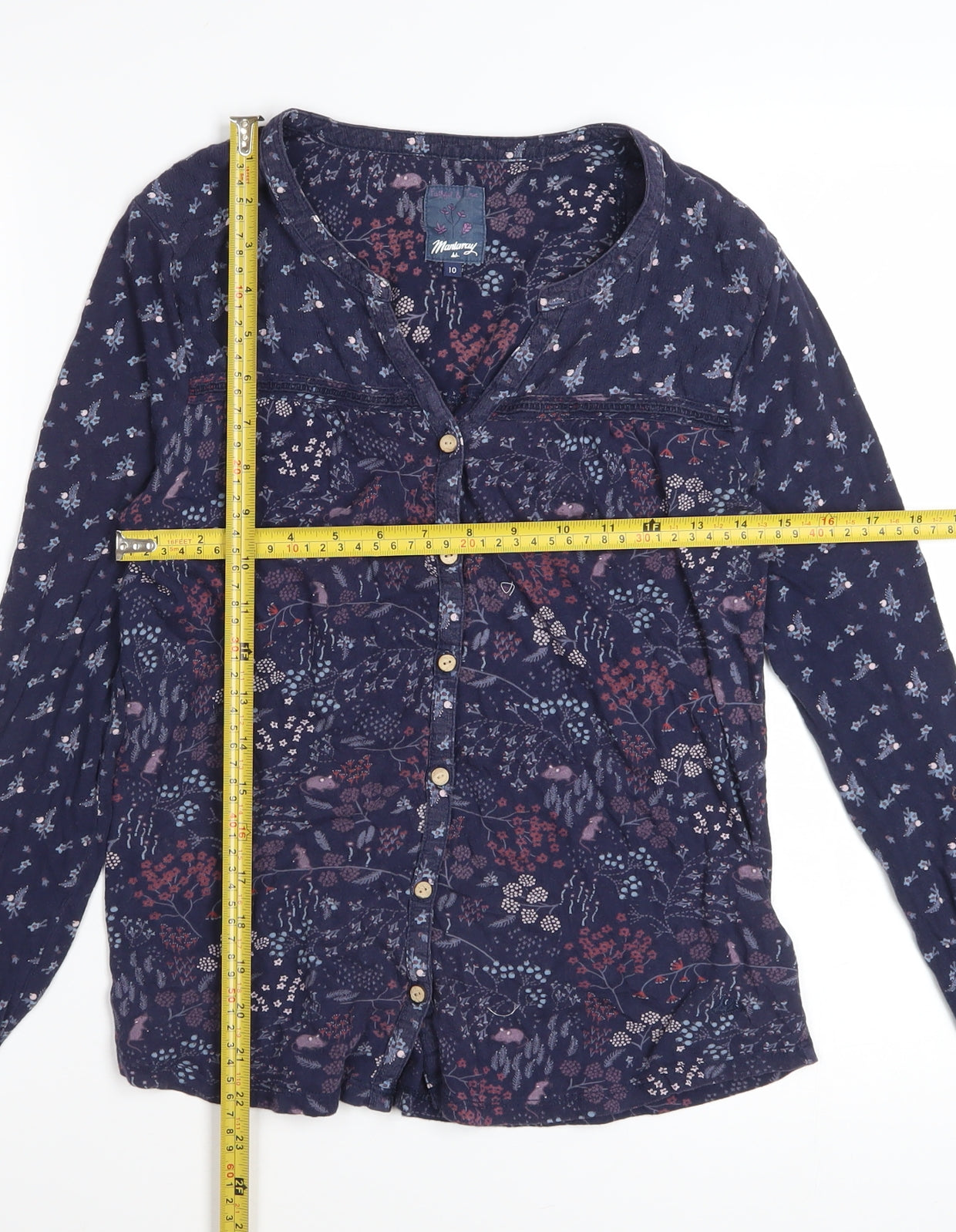 Mantaray Women’s Blue Floral Cotton Button-Up Tunic Top Size 10