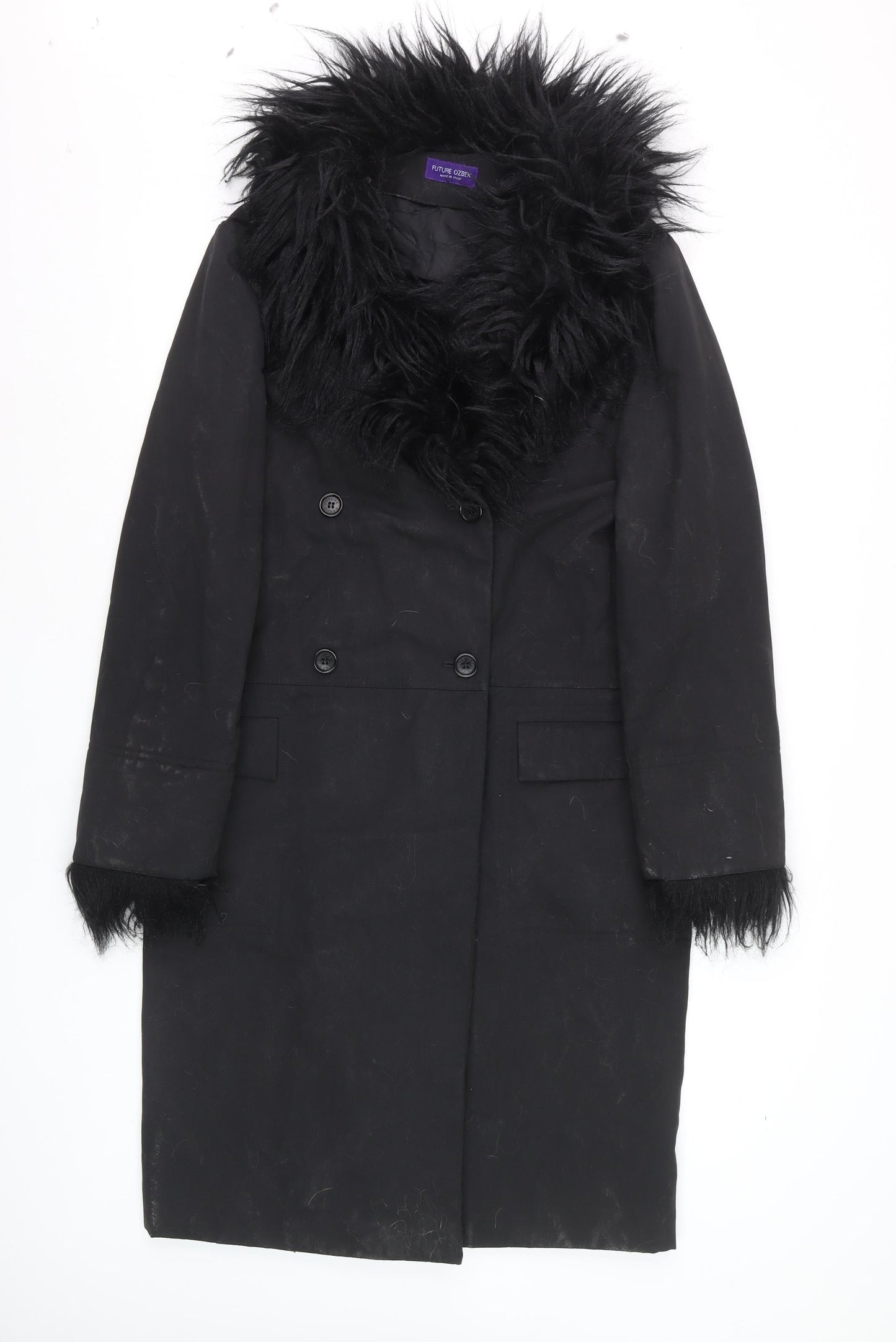 Future Ozbek Women's Black Long Wool Fur Trim Overcoat Size 10