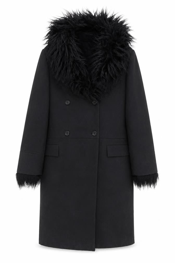 Future Ozbek Women's Black Long Wool Fur Trim Overcoat Size 10