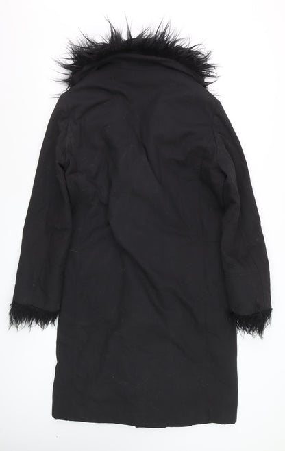 Future Ozbek Women's Black Long Wool Fur Trim Overcoat Size 10