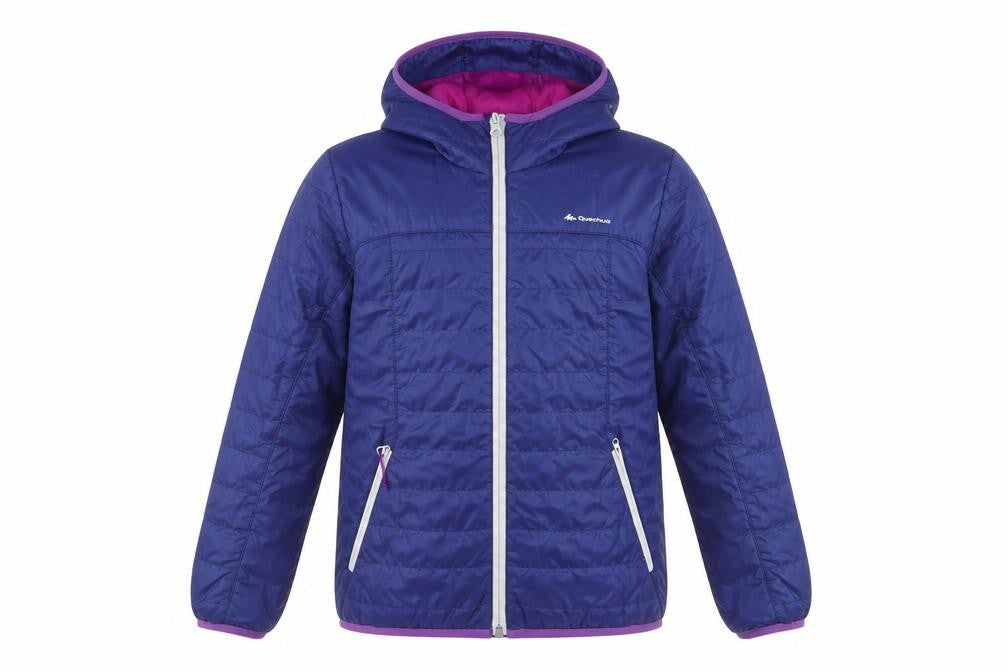 Front view of Quechua girls’ blue hooded puffer jacket 10 years lightweight winter coat