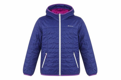 Front view of Quechua girls’ blue hooded puffer jacket 10 years lightweight winter coat