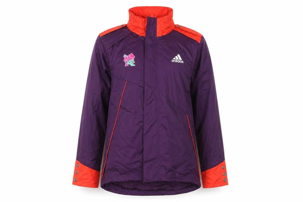Front view of Adidas Women's Purple Waterproof London 2012 Hooded Jacket, size M