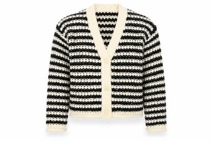 Zara Girls Black & Beige Striped Cardigan 11-12 Years Acrylic Blend Knit